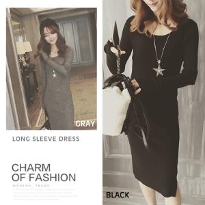 ニットワンピ ワンピース レディース リブニット 大人 無地 ソリッドカラー タイト スリット スリム シンプル グレー ブラック 指ぬき