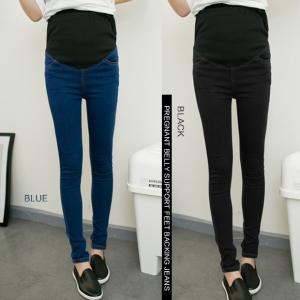 マタニティ デニム スキニー レギンス ジーンズ 10分丈 アジャスター付き 大きめサイズ らくちん プレママ ブラック ブルー