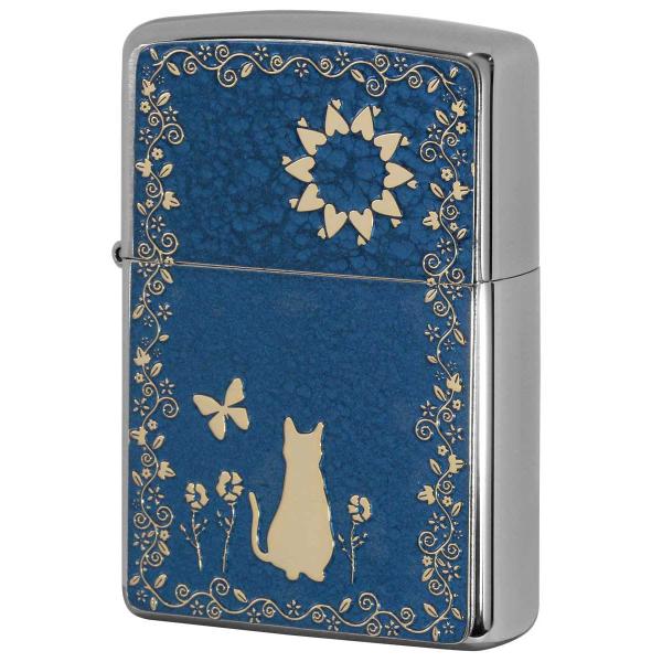 Zippo ジッポライター ネコ 猫 Cat ブルー ＃200 ゴールドプレート 両面加工 ニッケル...