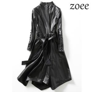 レザーコート レディース 秋冬 ロングコート ラムレザー ベルト付き 本革 ブラック M/L/2L/3L/4L e211｜zoee