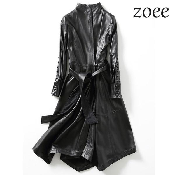 レザーコート レディース 秋冬 ロングコート ラムレザー ベルト付き 本革 ブラック M/L/2L/...