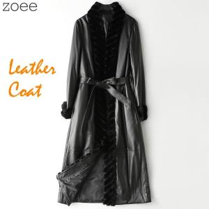 ラムレザーコート ミンクファー ロング丈 ベルト付き レディース 秋冬 アウター コート ブラック M/L/2L/3L f1b27｜zoee