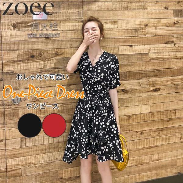 ワンピース 半袖 花柄 レディース トップス 春 夏 秋 ブラック/レッド S/M/L/2L h1n...