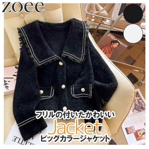 ビッグカラージャケット 春秋 レディース ステンカラージャケット ブラック/アイボリー フリーサイズ...