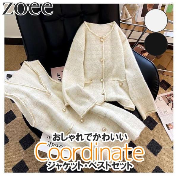 ジャケット・ベスト 2点セット 春秋 レディース ライトアウター アイボリー/ブラック フリーサイズ...