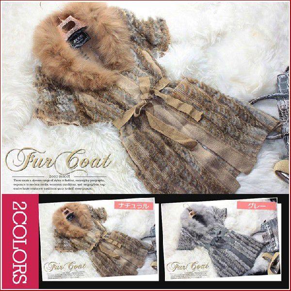 全２色　フォックスファー襟　ラビットファー編込み　フレンチスリーブ　ベルト付きニットカーディガン　j...