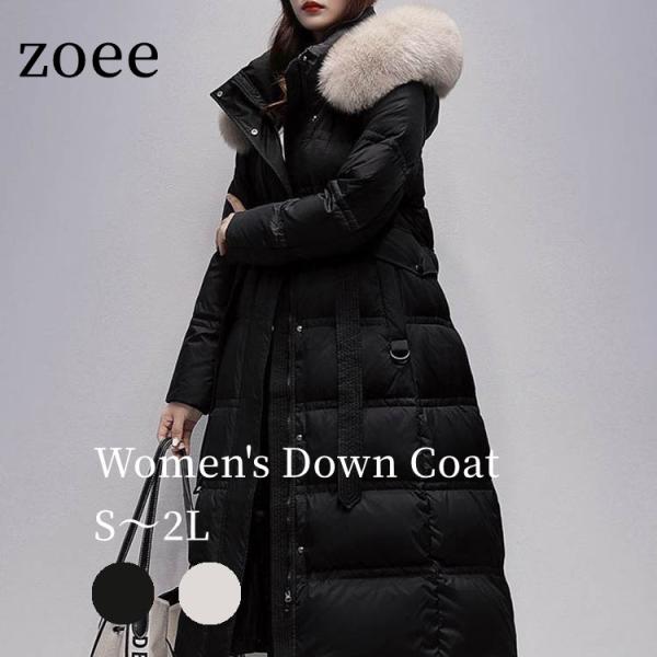 ダウンコート フォックス フード ミドル ロング アウター レディース 冬 ブラック/アイボリー S...