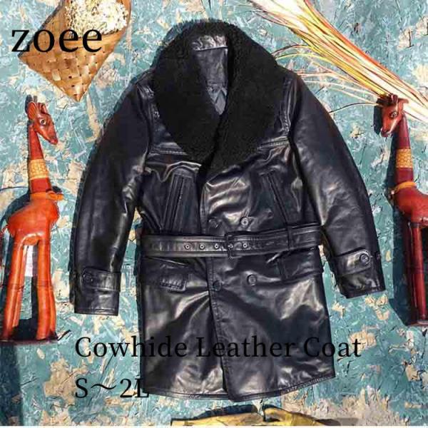 カウレザー 中綿 コート レザー アウター 長袖 ミドル メンズ 秋冬 牛革 本革 ブラック S/M...