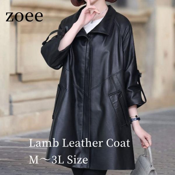 ラムレザー コート レディース ミドル 本革 羊革 秋/冬 アウター ブラック M/L/2L/3L ...