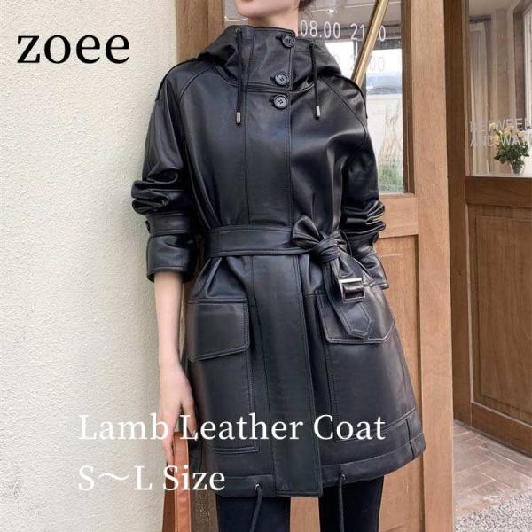 ラムレザー フード コート レディース ミドル 本革 羊革 ベルト付き 秋/冬 アウター ブラック ...