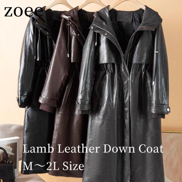 ラムレザー ダウン コート フード レディース ミドル ロング ダウン70％ 本革 羊革 秋/冬 ア...