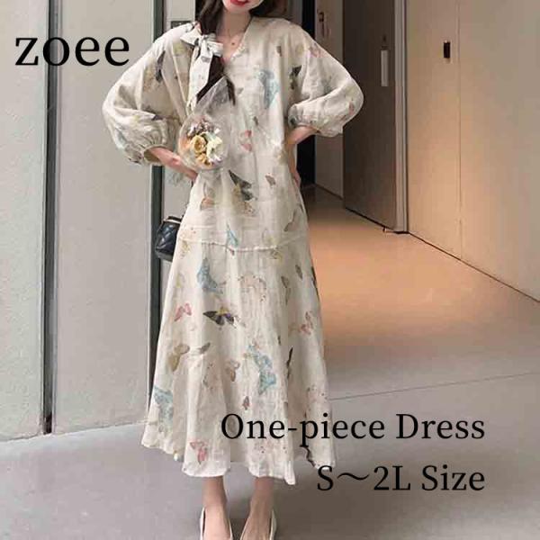 蝶柄 ワンピース 七分袖 ミモレ丈 レディース バタフライ S/M/L/2L l1n01