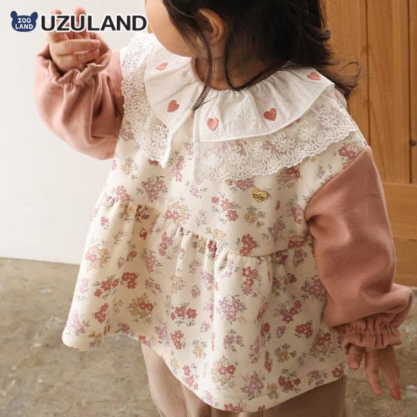 スウェットトレーナー 長袖 襟付き 裏起毛 起毛あり 重ね着風 花柄 女の子 ガールズ UZULAN...