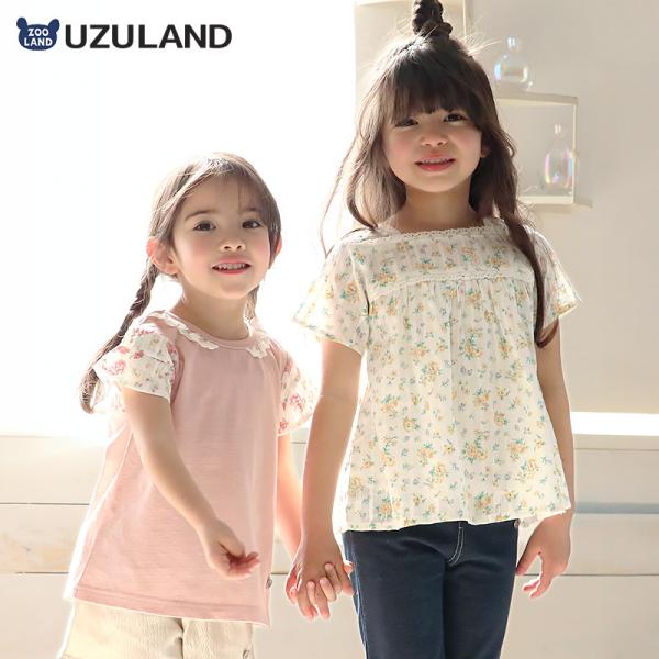 ガールズ Tシャツ 半袖 花柄 フリル レイヤード風 重ね着風 ギャザー チュニック 切り替え 女の...