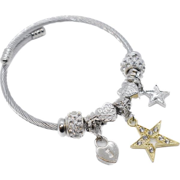 レディース ブレスブレスレット シルバーバングル ゴールドカラースター DIY ハート 韓国風 おし...