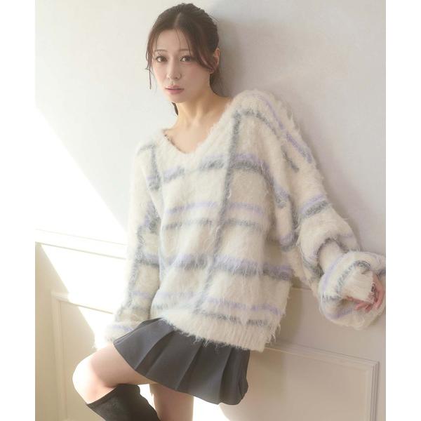 ニット セーター v neck plaid pattern over knit / Vネックチェック...