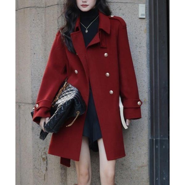 ピーコート pコート ダブルブレストベルト付きミドルレングスコート レディース