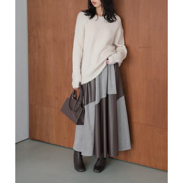 スカート 異素材ドッキング フレアスカート