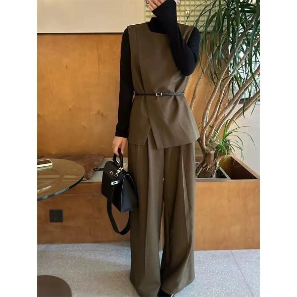 セットアップ ベルト付きベストトップスワイドパンツセットアップ レディース