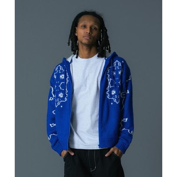 セーター ニット JACQUARD FUZZY ZIP UP HOODED SWEATER メンズ ...