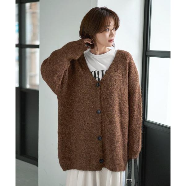 カーディガン モヘア風ミックスニットゆったりカーディガン レディース