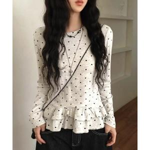 tシャツ フリルドット柄トップス レディース