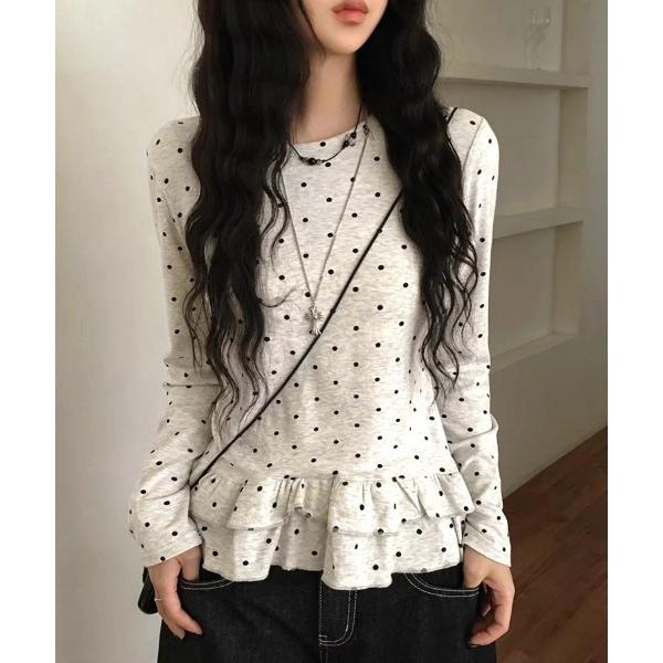 tシャツ フリルドット柄トップス レディース