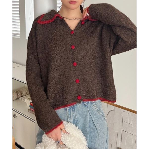 カーディガン 配色ライン 衿付きニットカーディガン レディース
