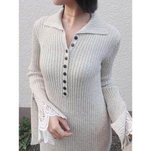 ワンピース ラメブレンドレースカフスニットワンピース