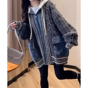 カーディガン ライン入りデニムドッキングニットフーディカーディガン レディース