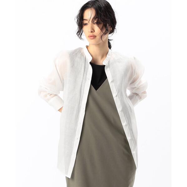 ブラウス シャツ 「 +サイズ 」 シアー ラミー麻 バンドカラーシャツ レディース