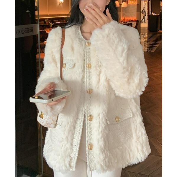 ノーカラーコート コート 中綿プードルジャケット レディース