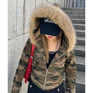 パーカー 迷彩フードファージップパーカー レディース