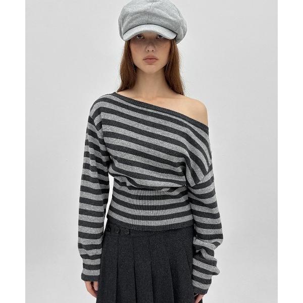 ニット セーター 「MADE」 アンゴラ混オフショルダーストライプニット レディース