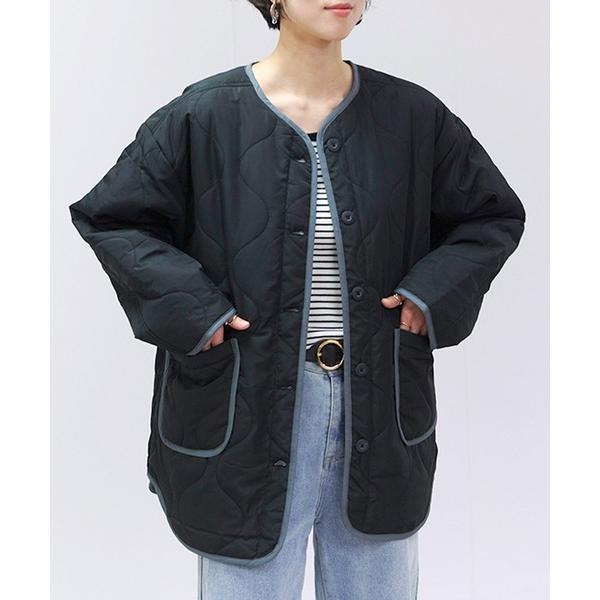 ジャケット ノーカラージャケット 配色パイピングキルト中綿ジャケット レディース