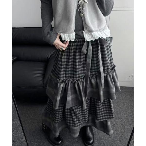 スカート 「秋冬新作」深灰ダブルチェック×ふんわり中綿のあったかロングスカート