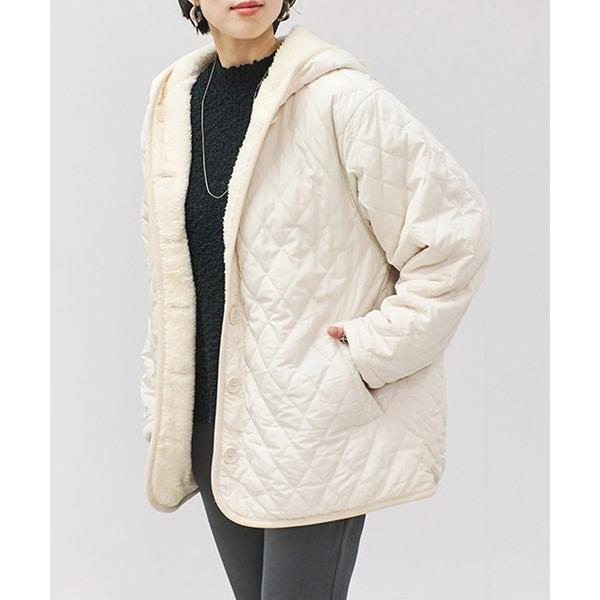 ブルゾン アウター フード付き　裏ボア中綿キルティングジャケット レディース