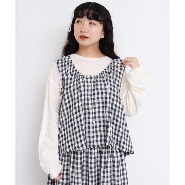 ブラウス シャツ アセテートギンガム　ひらひらブラウス レディース