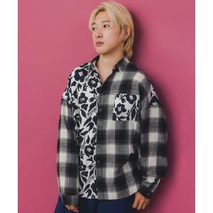 ブラウス シャツ 353134：クマ花柄コーデュロイ×チェック異素材切替シャツ レディース メンズ