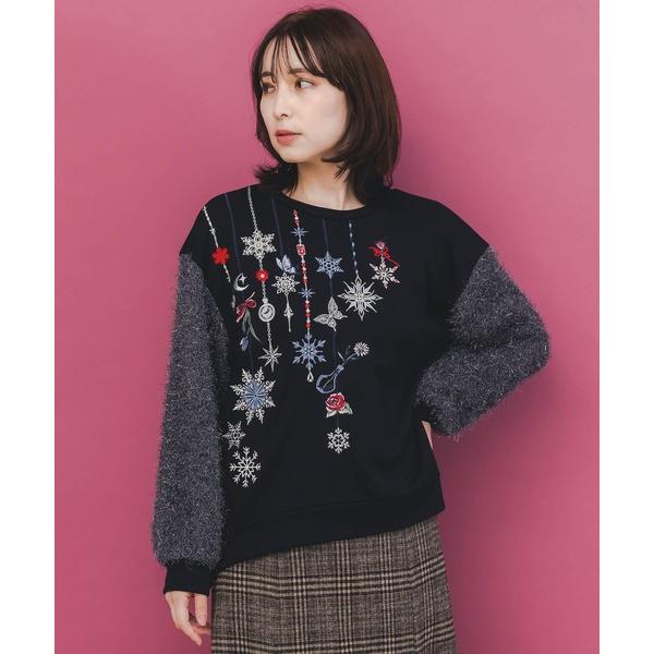 ニット セーター 553260：雪の結晶ガーランド刺繍裏毛×ラメフェザーニット レディース