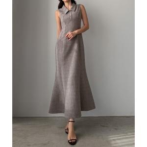 ワンピース 金ボタン襟付きノースリツイードマーメイドワンピ「高身長サイズMT有り」