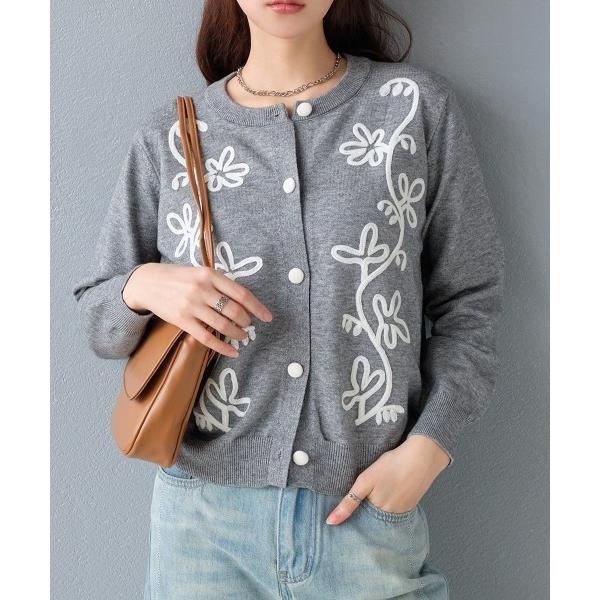カーディガン フラワー柄 コード刺繍ニットカーディガン レディース