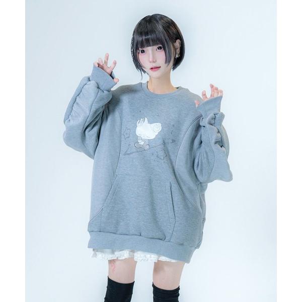 トレーナー スウェット 切り替えクルーネックプリントスウェット / 裏起毛 オーバーサイズ アシンメ...