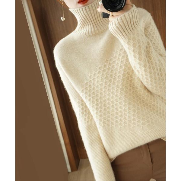 ニット セーター ハニカム編みタートルネックニットトップス レディース