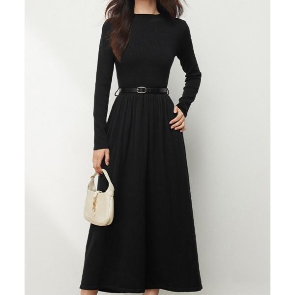 ワンピース ウエスト切替ロングニットワンピース