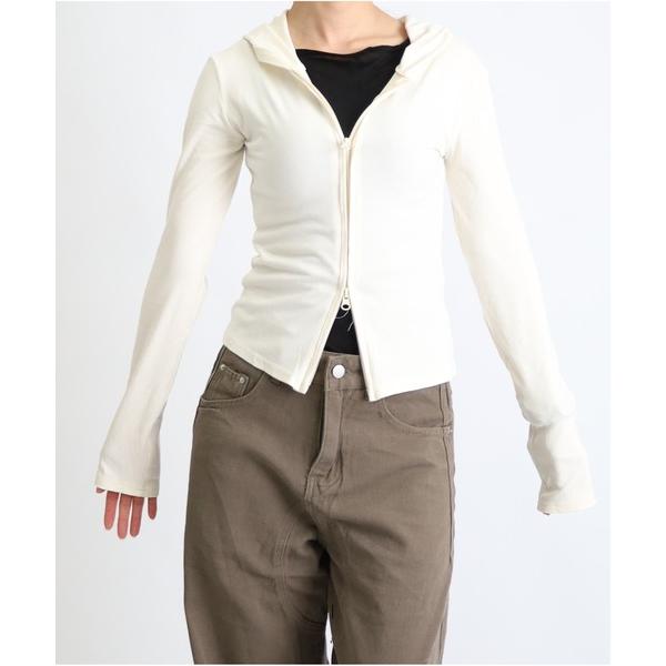 パーカー スリムラインダブルジップアップフーディートップス レディース