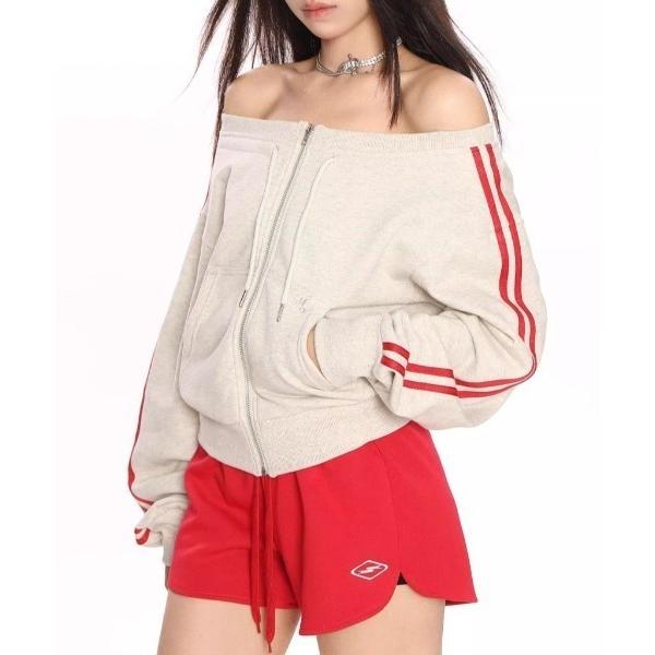トレーナー スウェット 「26年春夏新作」ワンポイント刺繍 サイドライン オフショルダー ジップアッ...