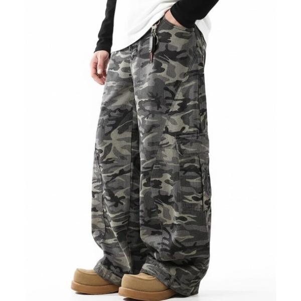 ジーンズ 「26年春夏新作」迷彩柄ミリタリーワイドバギーカーブカーゴデニムパンツ メンズ レディース
