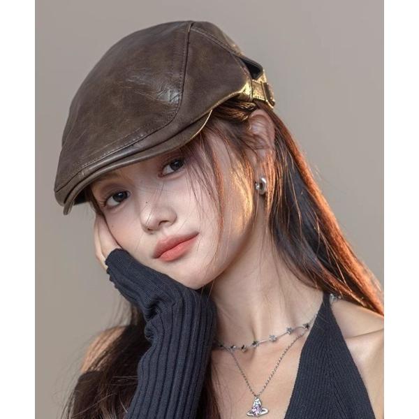 帽子 キャスケット ツヤとぬくもりの大人こなれたレザー調キャスケット レディース