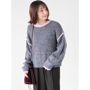 ニット セーター 片畦配色クロップドモックネックニットプルオーバー レディース